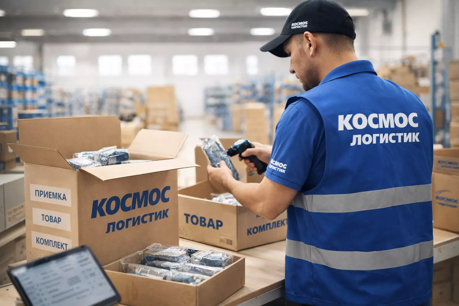 Сотрудник Космос-Логистик собирает товары с полок и комплектует заказ для отправки
