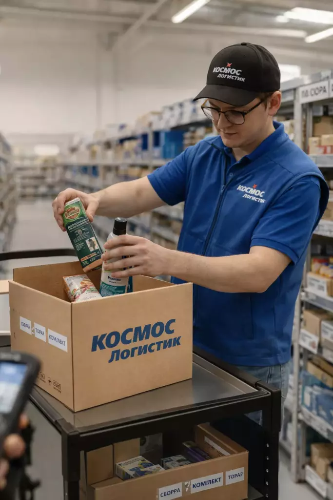 Сотрудник Космос-Логистик собирает товары с полок и комплектует заказ для отправки
