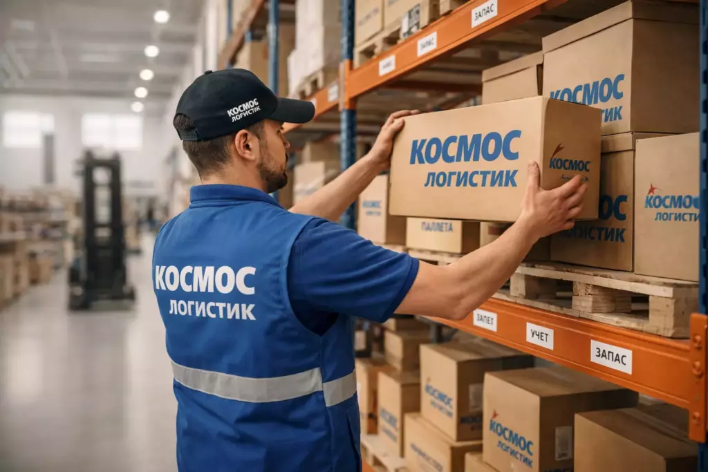 Сотрудник Космос-Логистик принимает и проверяет товар на ответственное хранение в современной складской зоне.